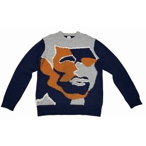 Zara Men's Navy Blue Face Motif Chunky Long Sleeve Crew Neck Knit Sweater Large